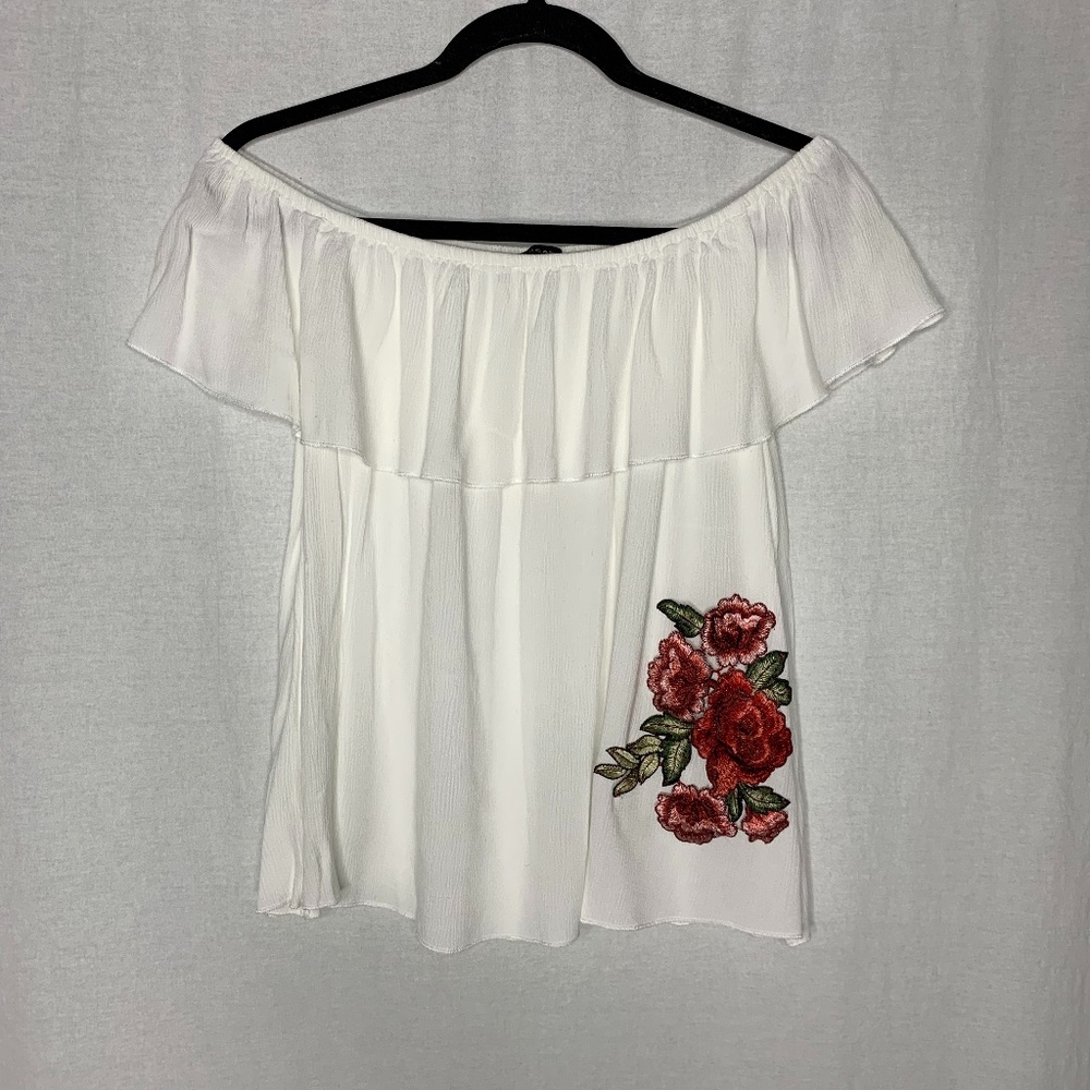Staccato White Off-Shoulder Top with Red Floral Design
